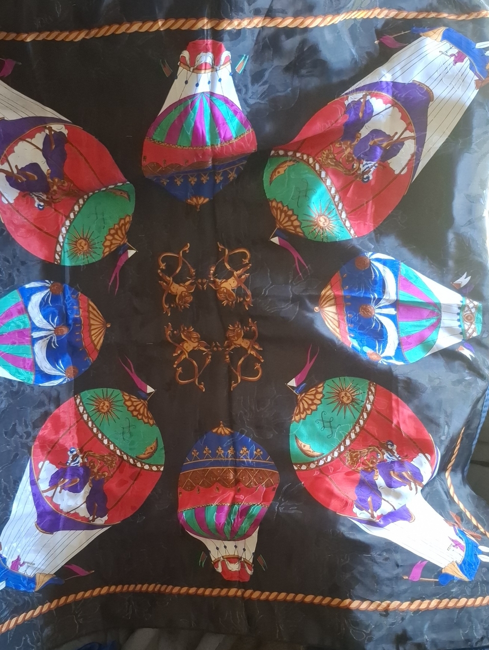 Vintage Hot Air Balloon Print Scarf in Black, Red, Green, Blue